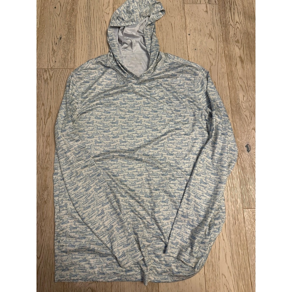 Mens Trout Fish Print Performance Hoodie Long Sleeve Sun Shirt Blue White